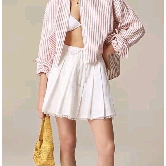 J.CREW Dresses & Skirts - J.Crew Pleated Tie Waist Mini Skirt White Lace Trim Full Skirt CK531 Size S NWT